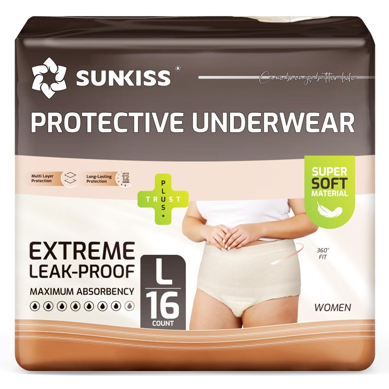 SUNKISS Women Incontinence Underwear Daytime Disposable Postpartum Adult Panties Protective Pull Ups with Maximum Absorbency Large Beige 16 Count